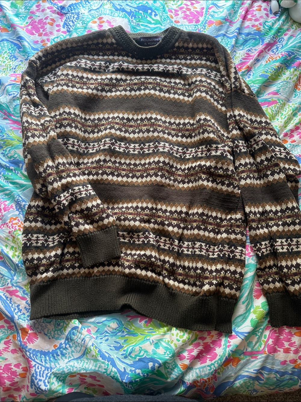 Roundtree & Yorke Brown and Cream Fair Isle Crewneck Sweater